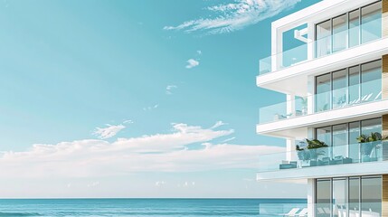 A real estate banner template with a panoramic view of a modern apartment complex by the beach