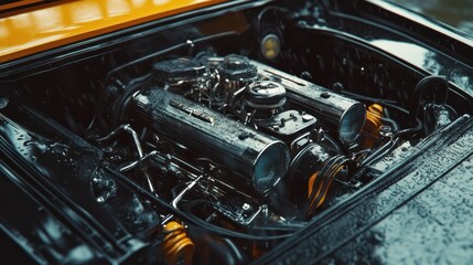 Fototapeta premium Gleaming Engine Bay: A Wet Look at Automotive Power