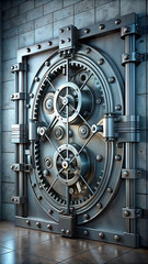 3D Illustration of Vault Door with Gears and Levers &ndash; Intricate Security System and Advanced Mechanical Design