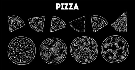 Hand drawn set of pizza. Italian pizza sketch collection. Design elements. Vector illustration. Italian food. Menu, package design