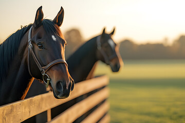 Obraz premium Two Dark Brown Horses Standing Gracefully Behind a Wooden Fence, Surrounded by a Rustic Countryside Setting
