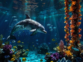 A vibrant underwater world where dolphins carry garlands and coral reefs glow like lights