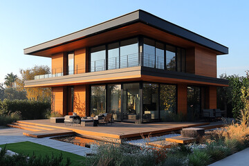 Fototapeta premium Modern Wooden House with Expansive Deck and Landscaping