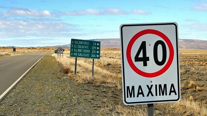 Traffic signs on a road in Patagonia, Argentina