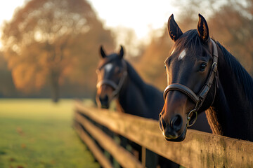 Obraz premium Two Dark Brown Horses Standing Gracefully Behind a Wooden Fence, Surrounded by a Rustic Countryside Setting