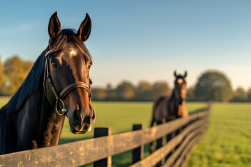 Obraz premium Two Dark Brown Horses Standing Gracefully Behind a Wooden Fence, Surrounded by a Rustic Countryside Setting
