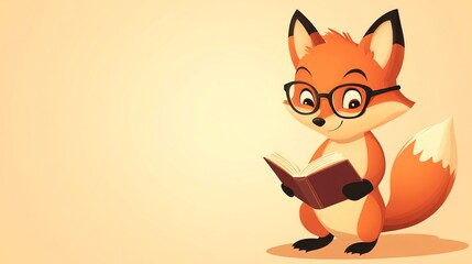 Cute fox wearing glasses and reading a book.