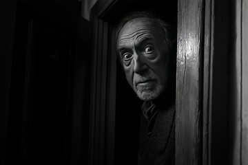 Naklejka premium Elderly man peering out from a dark cabinet with a surprised expression