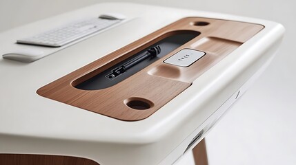 A wooden desk with a keyboard and mouse on top