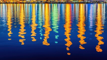 Colorful reflections of city lights on water at night.