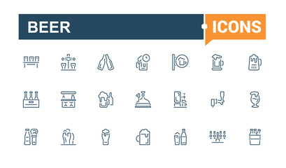 Beer icons in linear style. Featuring cup, symbol, supplements, icons, shot glass. Outline icon collections. Vector icons editable stroke.