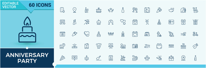 Fototapeta premium Anniversary Party line web icon set. Includes thin line celebration, banquet, balloon, balloons, appreciate and more. Set of line pictogram. Editable vector stroke.