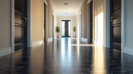 simple clean newly built generic modern new real estate block of flats interior long black corridor with black doors perspective new bought apartment hallway abstract concep