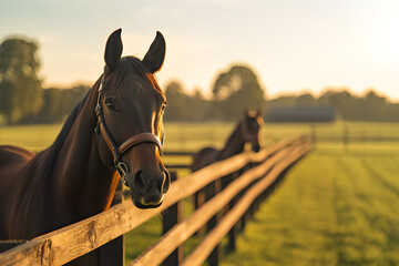 Obraz premium Two Dark Brown Horses Standing Gracefully Behind a Wooden Fence, Surrounded by a Rustic Countryside Setting