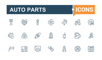 Set of Auto Parts line icons. Contains related to gear, stroke, isolated, oil, element, auto, steering, door. Thin UI icon design. Vector outline icons collection.