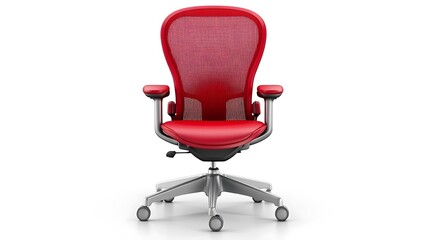 Fototapeta premium A red office chair with a black back and silver wheels