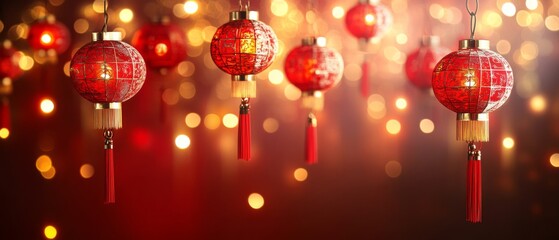 Chinese New Year A row of red lanterns hanging from the ceiling