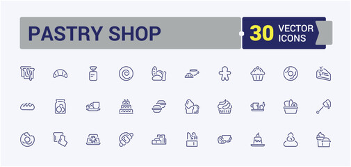 Pastry Shop icon pack. Contains related to accessories, Bakery, cake, pastry, cook, pin, graphic, collection. Thin outline icons pack. Editable stroke. Vector illustration.