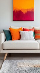 Modern living room with colorful cushions on a white sofa against an orange wall