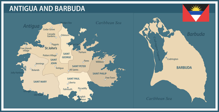 Antigua and Barbuda Map Vector Vintage Dark Blue Beige - Customizable layered political map of Antigua and Barbuda with administrative divisions for website, education, reports, news, politics, print