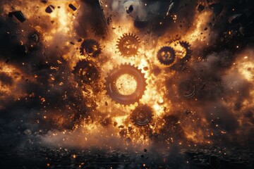 Fototapeta premium Explosive scene of gears and flames in chaotic cosmic environment at twilight
