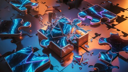 Shattered Puzzle, Abstract 3D Artwork of Broken Puzzle Piece with Neon Glow,  Concept for Problem Solving, Innovation and Technology