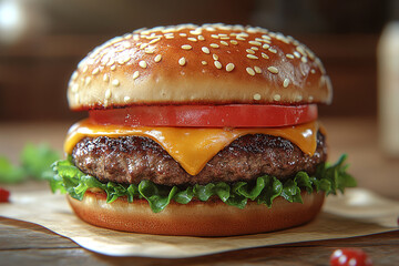 Juicy Cheeseburger with Sesame Seed Bun and Lettuce