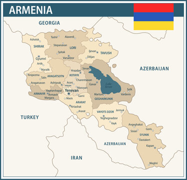 Armenia Map Vector Vintage Dark Blue Beige - Customizable layered political map of Armenia with administrative divisions for website, education, reports, news, politics, print, poster and wallpaper