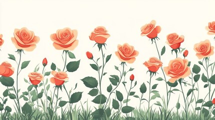 Fototapeta premium Vibrant Orange Roses Blooms with Fresh Green Leaves on Soft Background