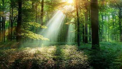 Fototapeta premium Dreamy bokeh effect of sunlight filtering through lush green foliage creating a soft etherea