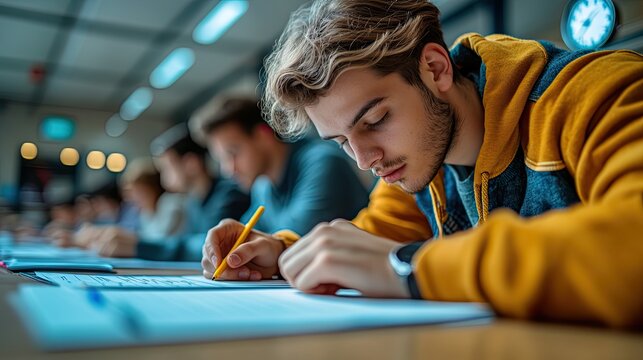 students in a school college or university classroom taking an optical form of standardized exams close to an alarm clock while holding a yellow pen for the final exa