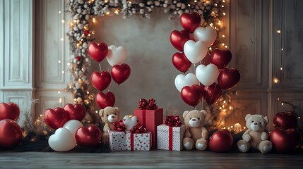 Elegant valentine's day backdrop with heart balloons, teddy bears, and gift boxes for romantic decor