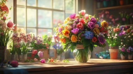 Vibrant floral arrangement in sunlit workshop