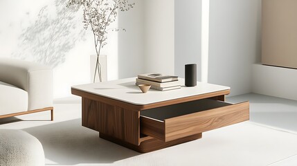 Obraz premium A white coffee table with a brown drawer and a vase of flowers on top