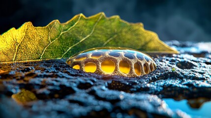 Raindrop on Leaf with Honeycomb Pattern Reflecting Light in Nature