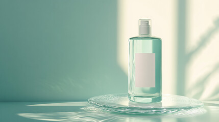 Glass Bottle Filled With Clear Liquid Sits on a Dish, Showcasing Minimalistic Design in Soft Lighting