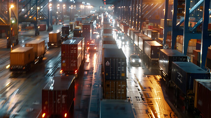 Logistics challenges navigating supply chain disruption at shipping ports nighttime traffic urban environment