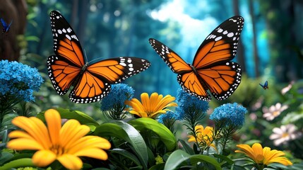 Obraz premium Colorful Monarch Butterflies Over Vibrant Wildflowers in a Lush Forest Setting