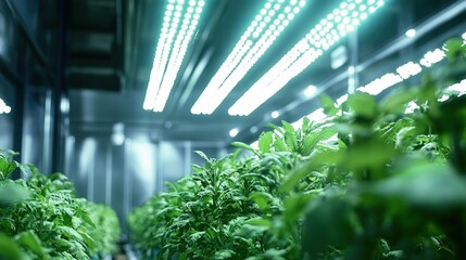 A smart greenhouse equipped with digital controls for temperature, humidity, and lighting, enhancing crop yields.