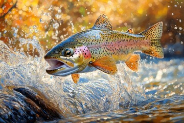 Naklejka premium Rainbow trout leaping from a clear stream surrounded by autumn foliage
