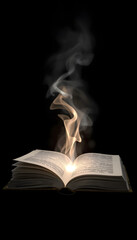 Magic book with light on black background isolated with white highlights, png