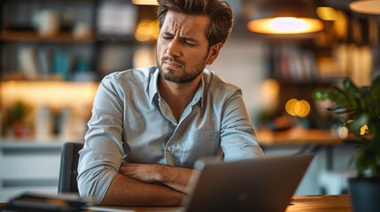 Obraz premium Stressed man working on laptop in office.