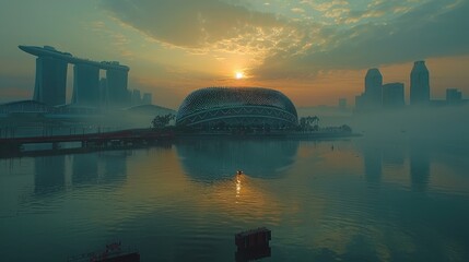 Sunrise over futuristic cityscape with fog, reflecting on calm water.