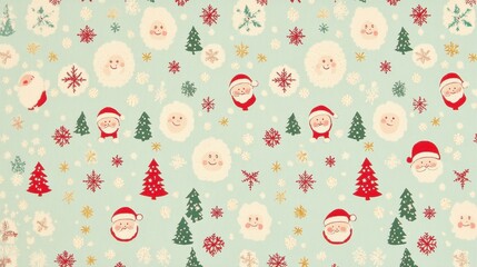 Cheerful christmas snowflakes and santa faces pattern festive holiday decor whimsical design cozy atmosphere aesthetic viewpoint