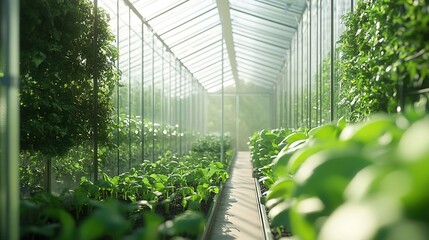 A smart greenhouse equipped with digital controls for temperature, humidity, and lighting, enhancing crop yields.