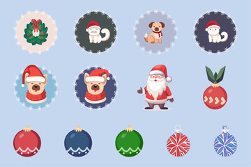 Christmas collection of vector elements. Santa Claus, Christmas tree balls of different colors, puppy and cat in Santa's hat, Christmas wreath. Concept of congratulations on Christmas and New Year