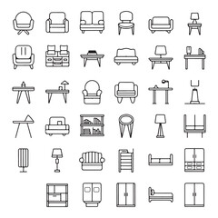 30 Minimalist Outline Icons of Modern Furniture: Chairs, Sofas, Coffee Tables, Desks & More - Scalable and Versatile Design Assets