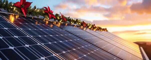 A creative holiday angle showing solar panels on a modern home, with holly-lined roof edges softly lit by warm ambient light.