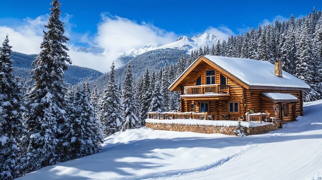 A cozy log cabin sits nestled in a snowy mountain landscape. - Powered by Adobe