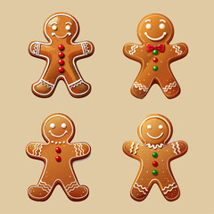 Gingerbread man set. Gingerbread man collection. Christmas icon. Holiday winter symbols. Festive treats. New year cookies, sweets. Vector illustration.